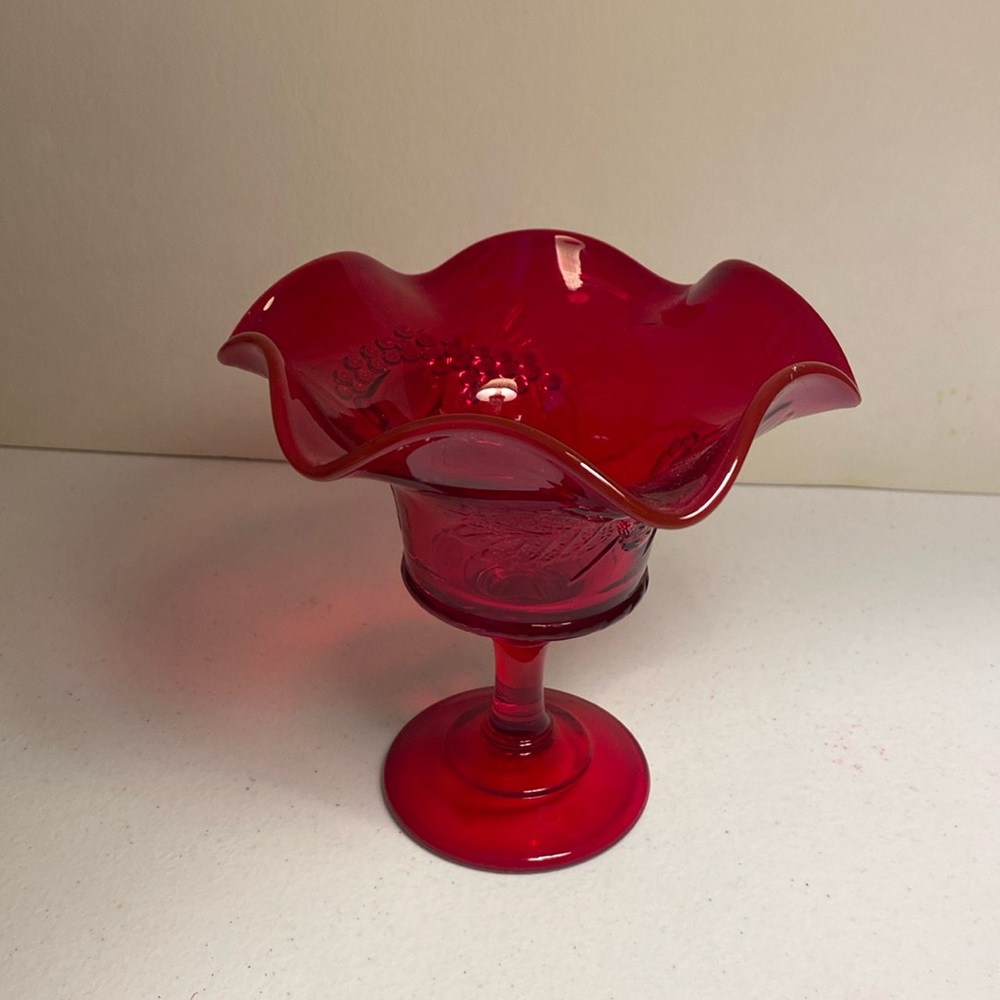 Ruby Red Ruffled Compote with Fruit Design